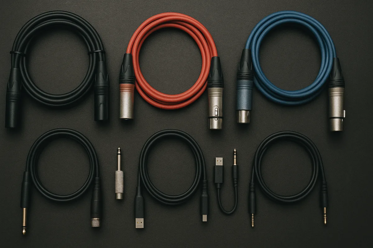Various audio cables and connectors neatly organized on a dark surface