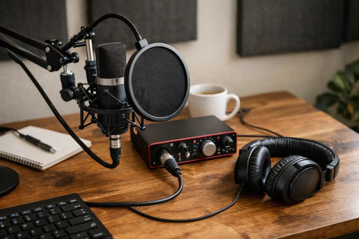 Complete home studio microphone accessories setup with boom arm, shock mount, pop filter, audio interface, and headphones on a desk