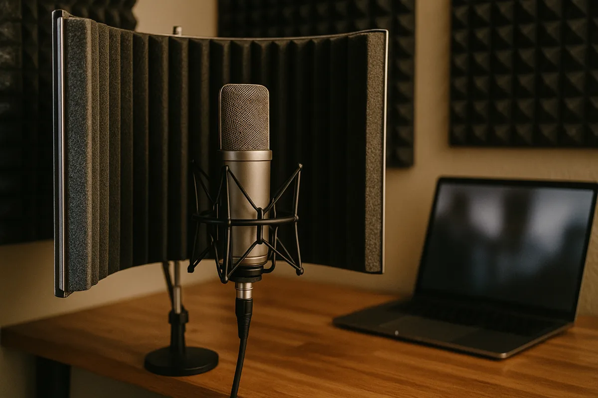 Microphone isolation shield behind a condenser mic in a home studio