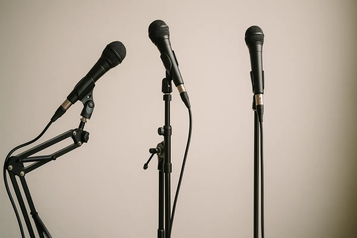 Three different types of microphone stands in a recording studio