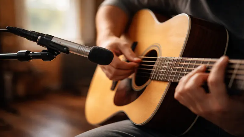 Small-diaphragm condenser microphone recording an acoustic guitar