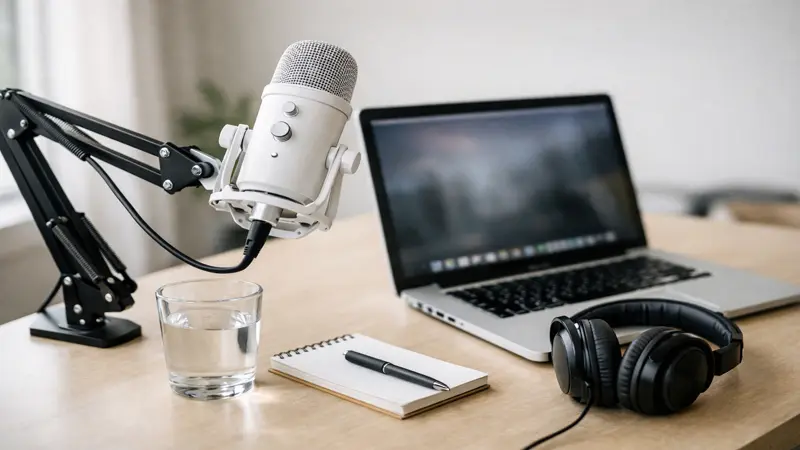 USB condenser microphone setup for podcasting with laptop and headphones