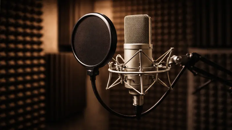 Large-diaphragm condenser microphone in a professional vocal recording booth