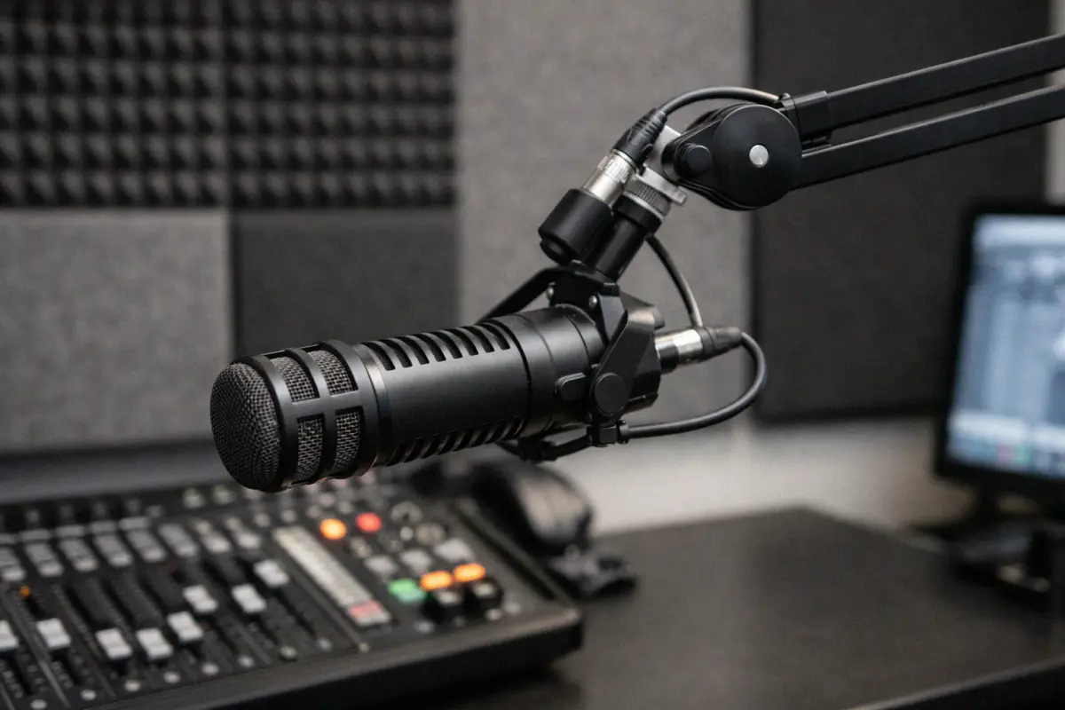 Broadcast dynamic microphone at a professional radio studio desk