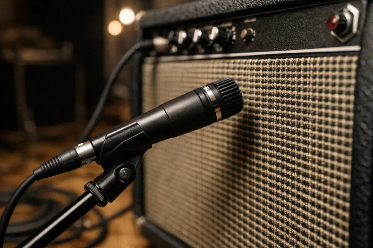 Dynamic microphone positioned in front of a guitar amplifier for recording