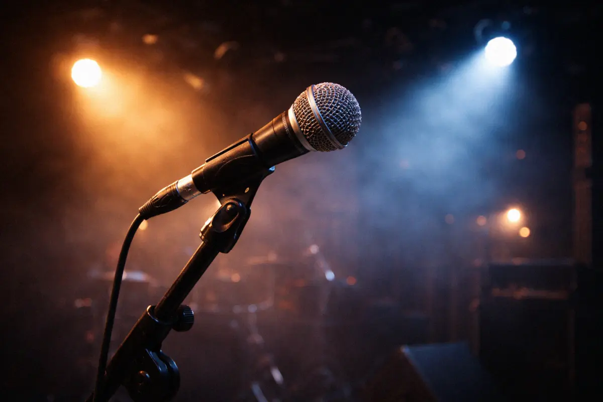 Dynamic microphone on a stand under dramatic concert stage lighting