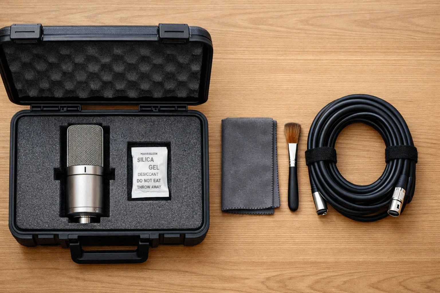 Condenser microphone in a foam-lined hard case with silica gel pack, cleaning cloth, brush, and XLR cable on a wooden desk
