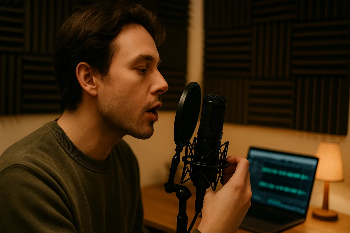 Person testing microphone pickup patterns in a home studio