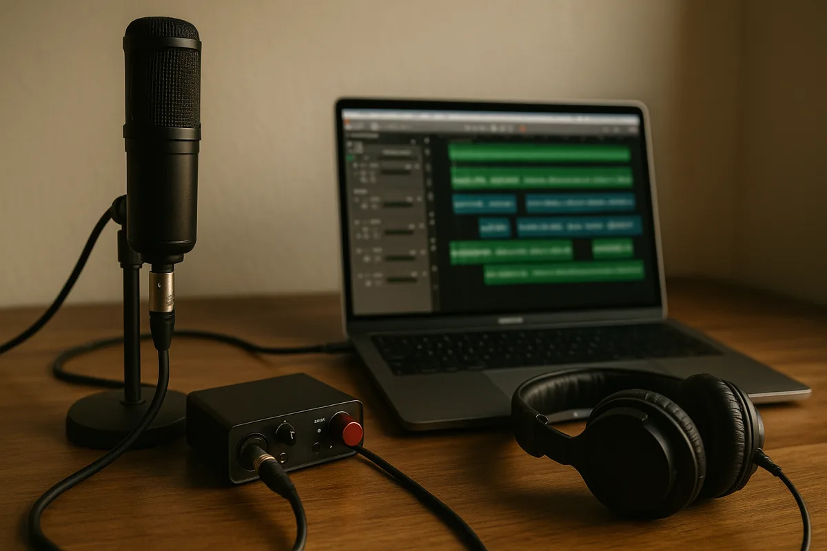 Complete home recording signal chain with microphone, audio interface, and laptop DAW