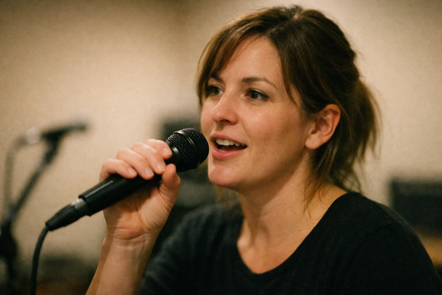 Woman singing into a handheld dynamic microphone with correct mid-body grip in a rehearsal room