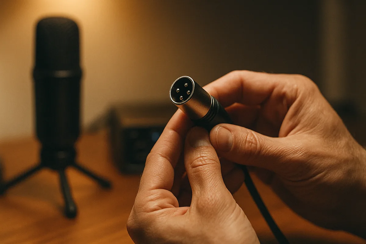 Hands inspecting an XLR cable connector for troubleshooting