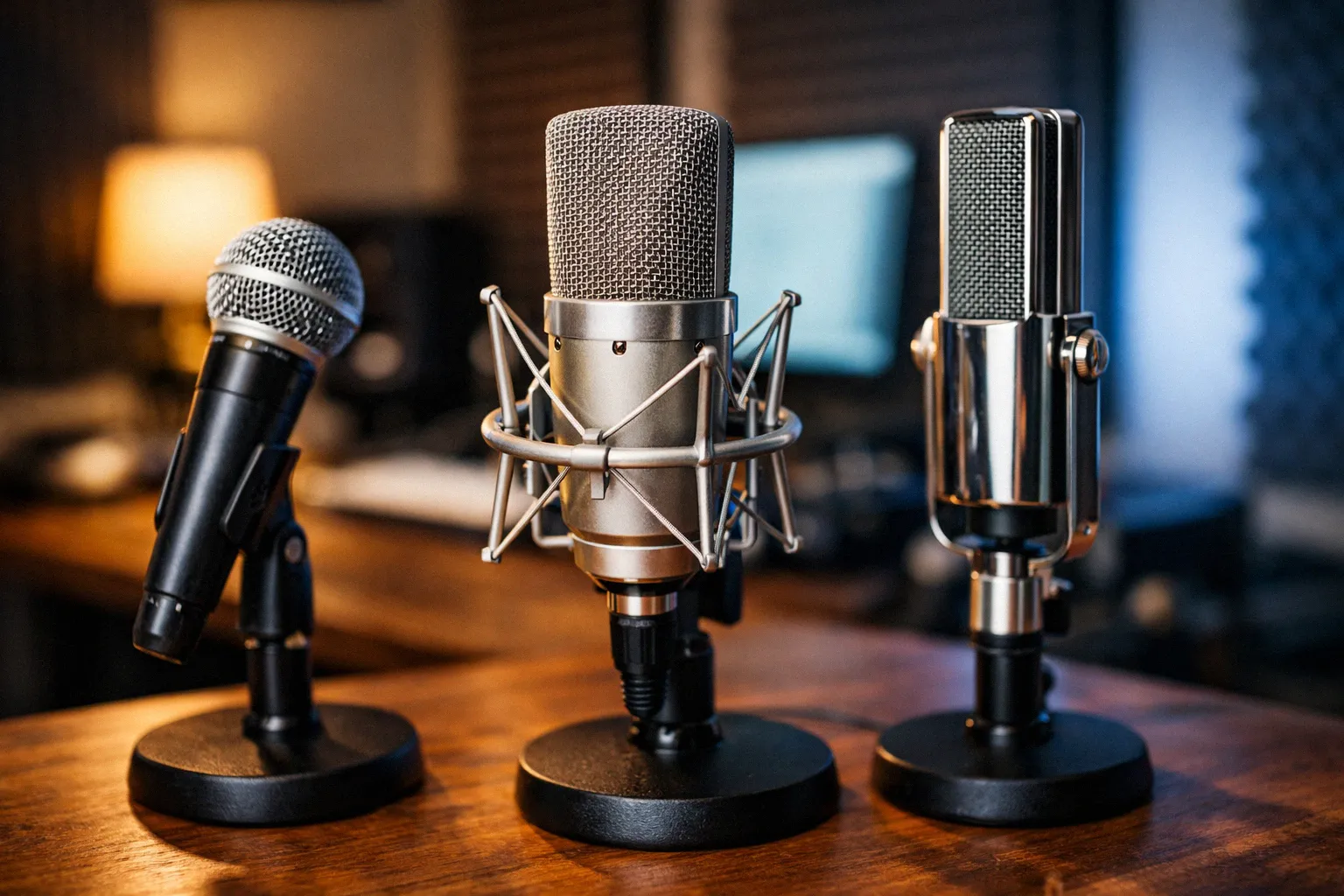 Dynamic, condenser, and ribbon microphones standing side by side on desk stands in a home studio