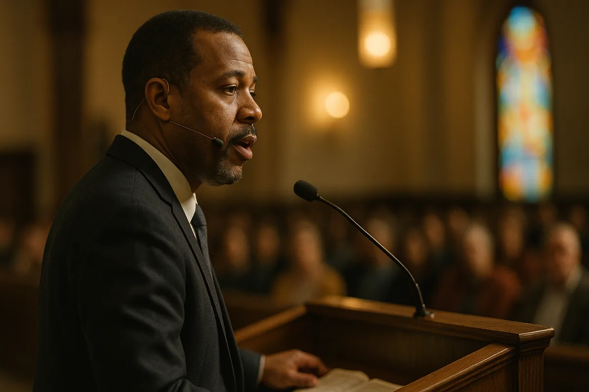 Person wearing a wireless headset microphone speaking at a church podium