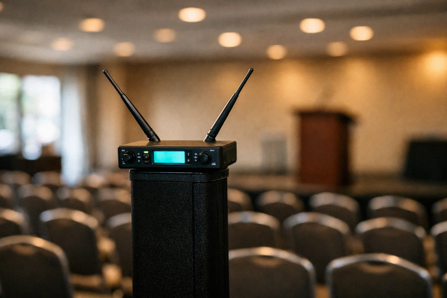 Wireless microphone receiver on a stand with antennas extended in a V shape inside an event venue with rows of chairs